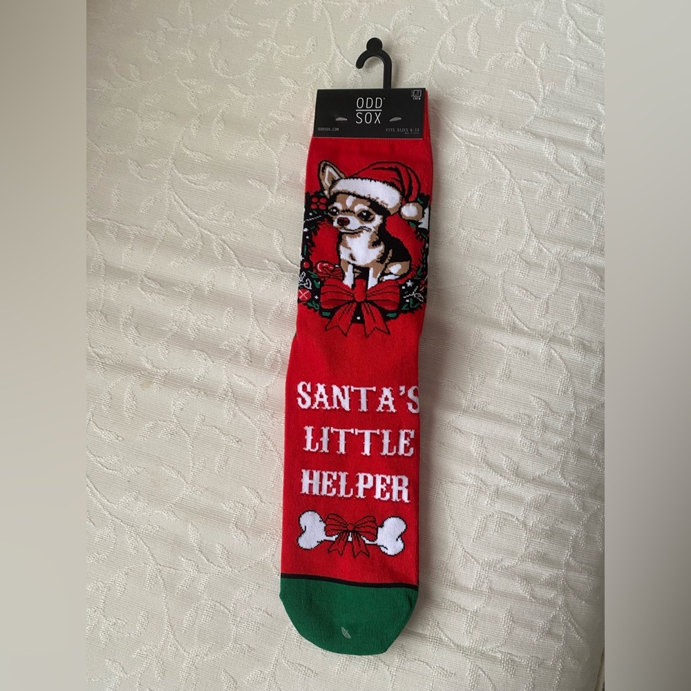 Odd Sox "Santa's Little Helper" chihuahua-themed crew socks size 6-13 unisex
